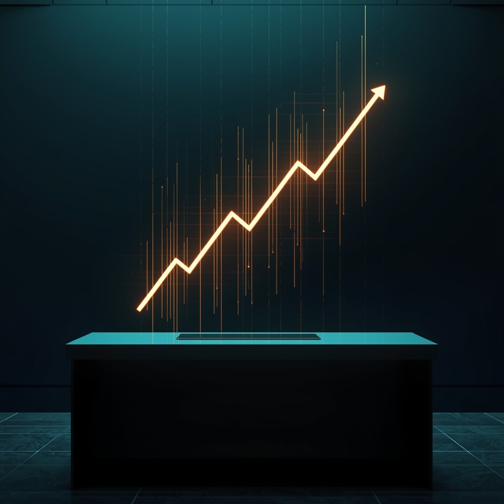 A glowing abstract financial graph floating above a sleek modern office desk, deep blue and teal tones, corporate, photorealistic, cinematic lighting --v 5.2 (Do not include woman image)